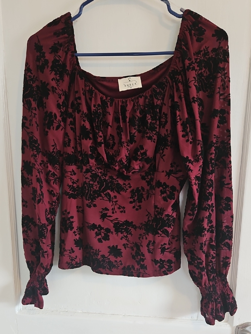 Ember Burgundy and Black Floral Velvet Burnout Peasant Top